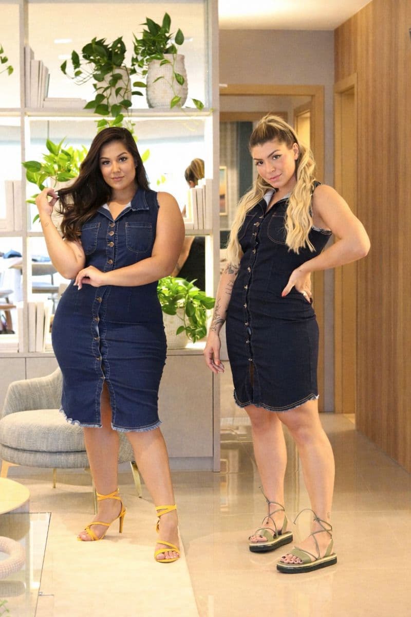 Vestido Jeans Midi com Botões Frontais