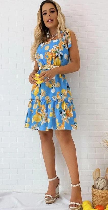 Vestido Azul Estampado com Babado