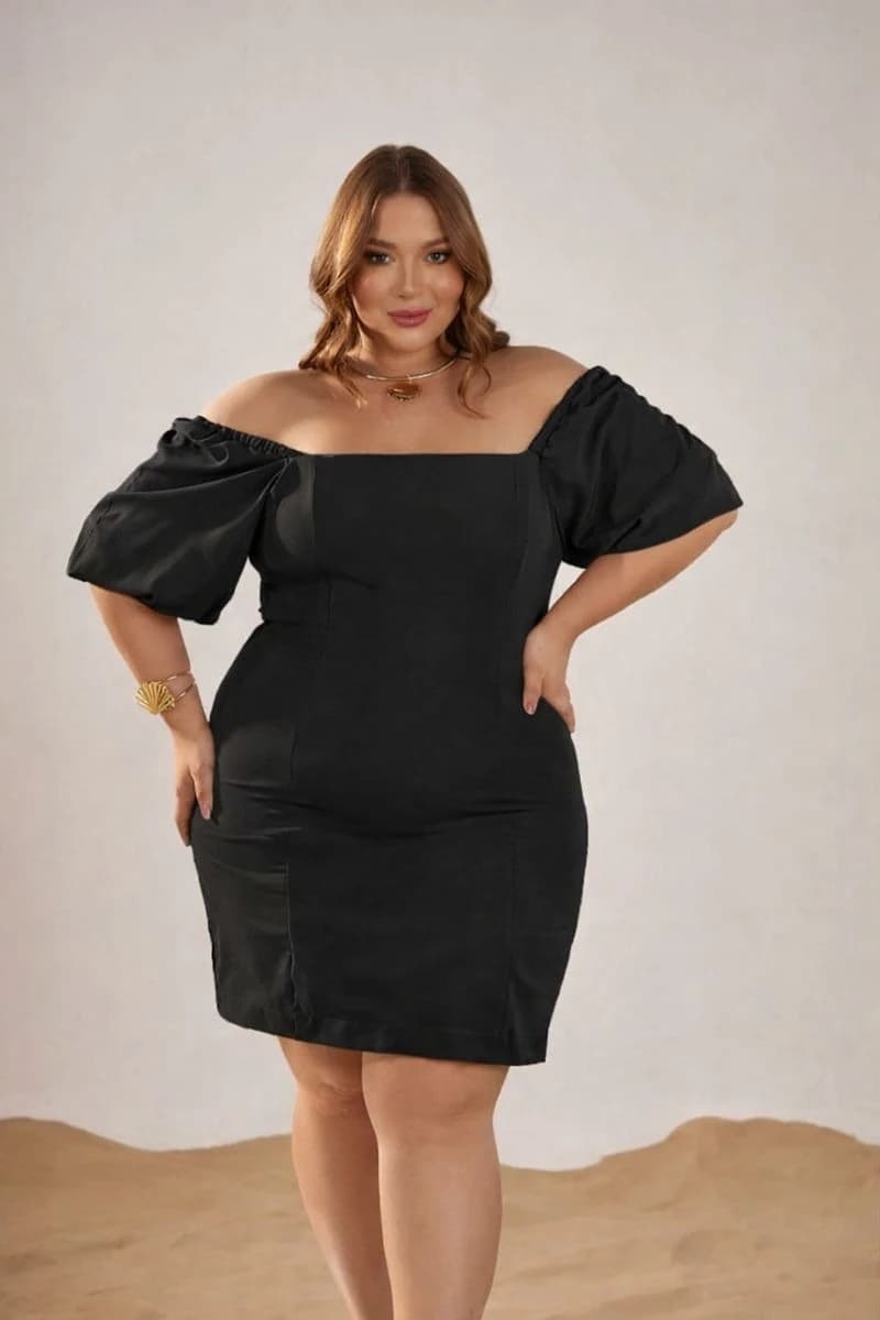 Vestido Preto Ombro a Ombro com Manga Bufante